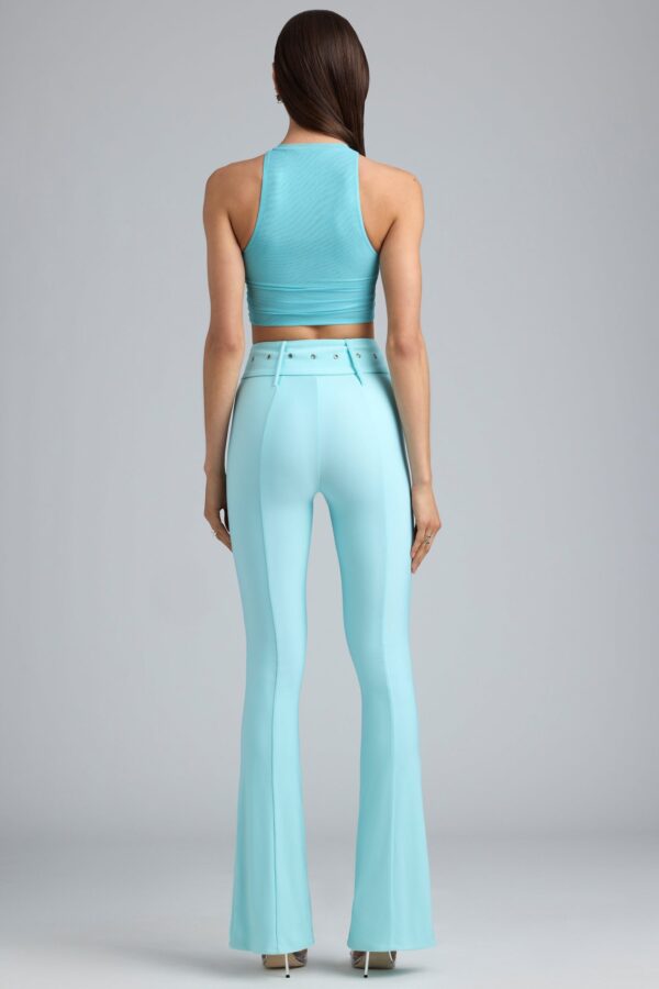 Petite Metallic Belted Mid-Rise Flared Trousers in Ice Blue - Image 2
