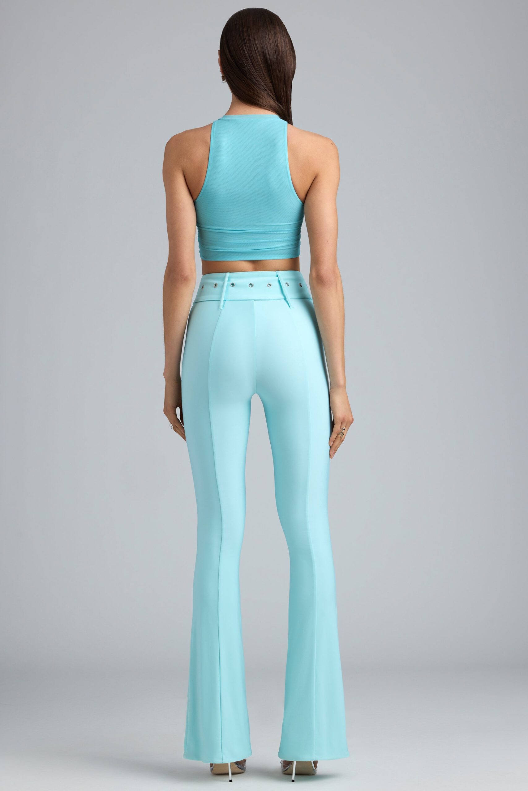 Petite Metallic Belted Mid-Rise Flared Trousers in Ice Blue - Image 2