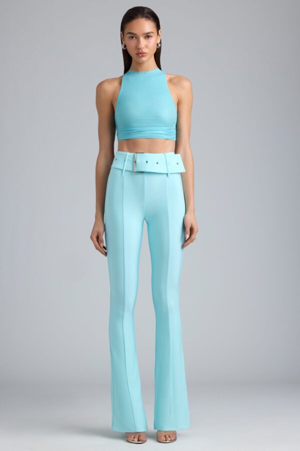 Petite Metallic Belted Mid-Rise Flared Trousers in Ice Blue - Image 5