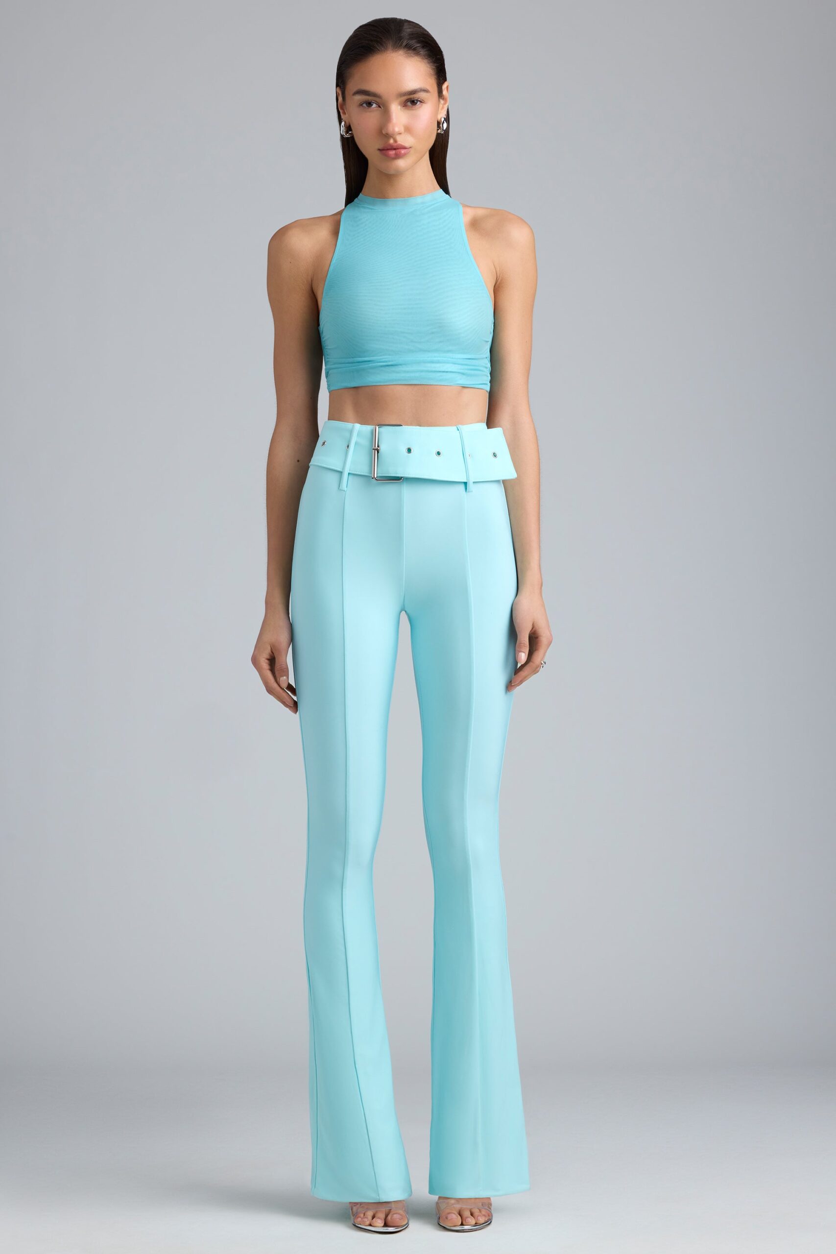 Petite Metallic Belted Mid-Rise Flared Trousers in Ice Blue - Image 5