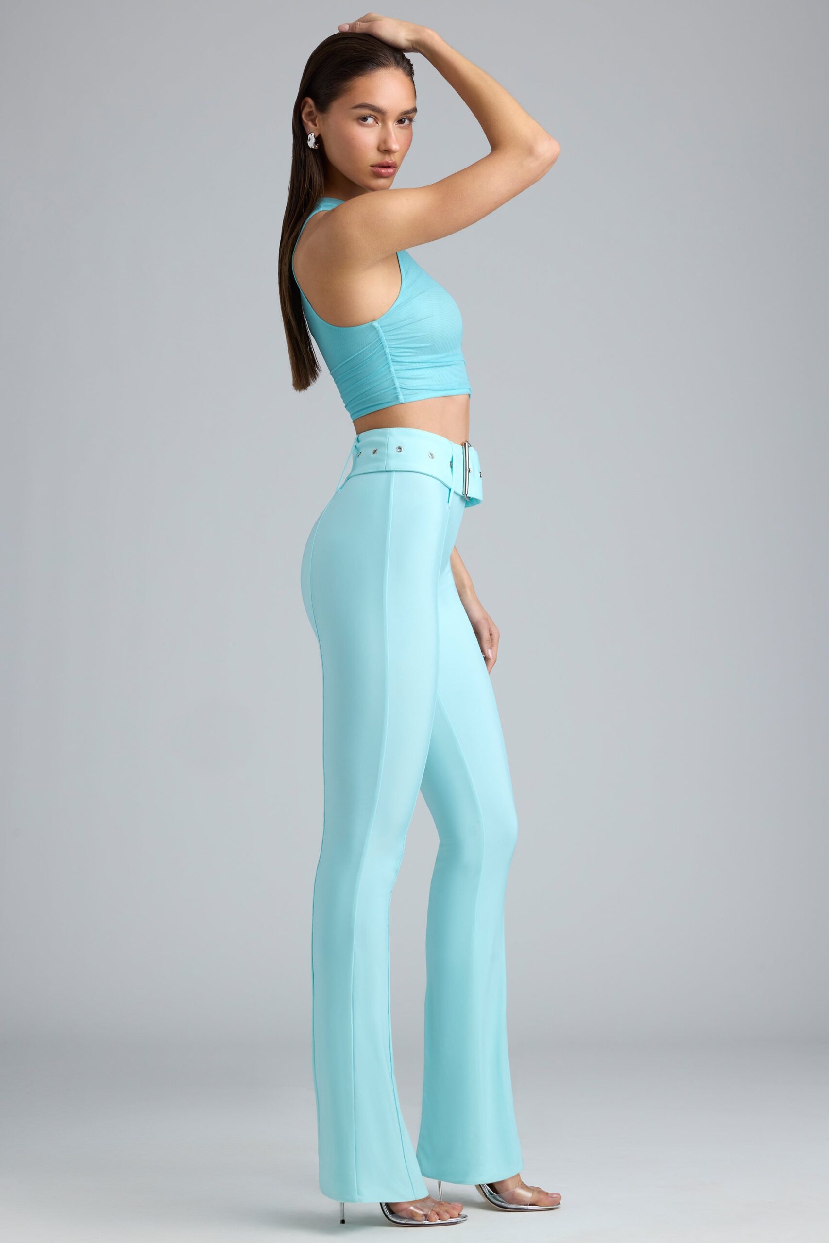 Petite Metallic Belted Mid-Rise Flared Trousers in Ice Blue - Image 3