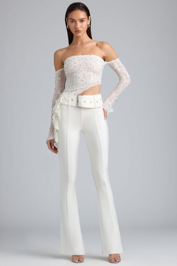 Petite Metallic Belted Mid-Rise Flared Trousers in Ivory - Image 6