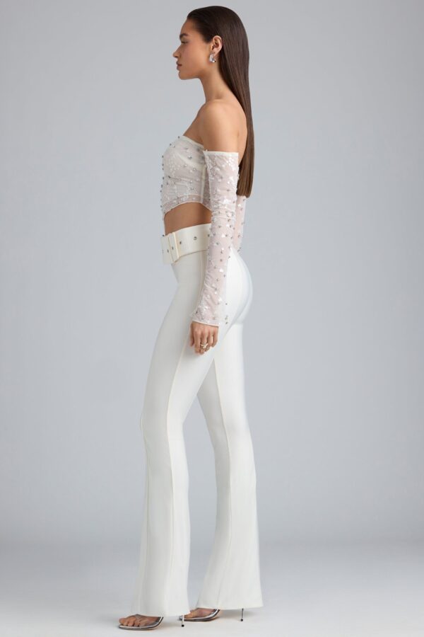 Petite Metallic Belted Mid-Rise Flared Trousers in Ivory - Image 3