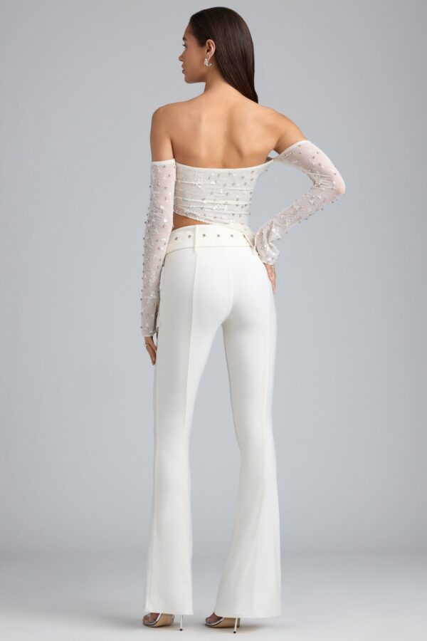 Petite Metallic Belted Mid-Rise Flared Trousers in Ivory - Image 2