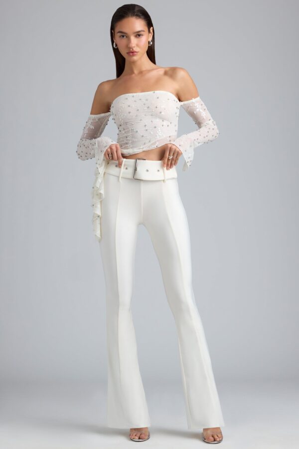 Petite Metallic Belted Mid-Rise Flared Trousers in Ivory - Image 5