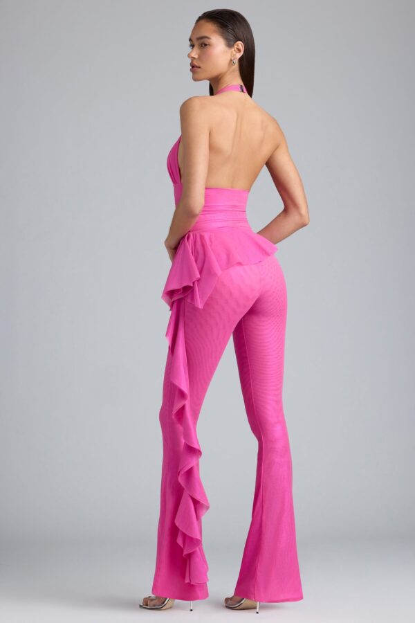 Petite Metallic Ruffle Low-Rise Flared Trousers in Bubblegum Pink - Image 2