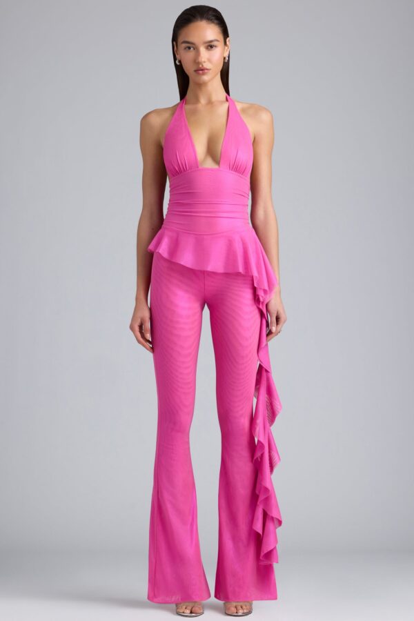 Petite Metallic Ruffle Low-Rise Flared Trousers in Bubblegum Pink - Image 5