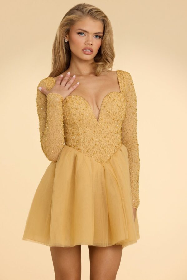 Plunge Neck Tulle Mini Dress in Gold - Image 8