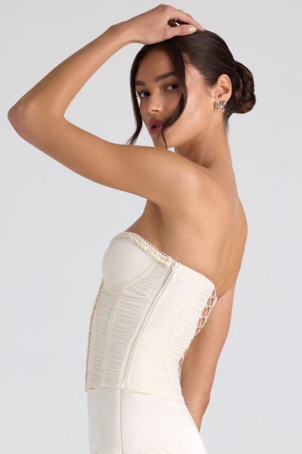 Ruched Lace-Up Strapless Corset Top in Ivory - Image 3