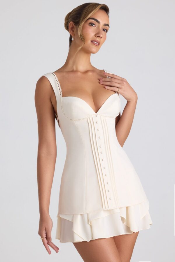 Ruffle-Trim Button-Detail Corset Mini Dress in Ivory - Image 6