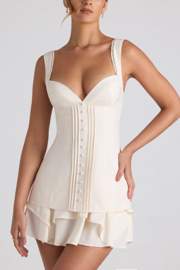 Ruffle-Trim Button-Detail Corset Mini Dress in Ivory - Image 4