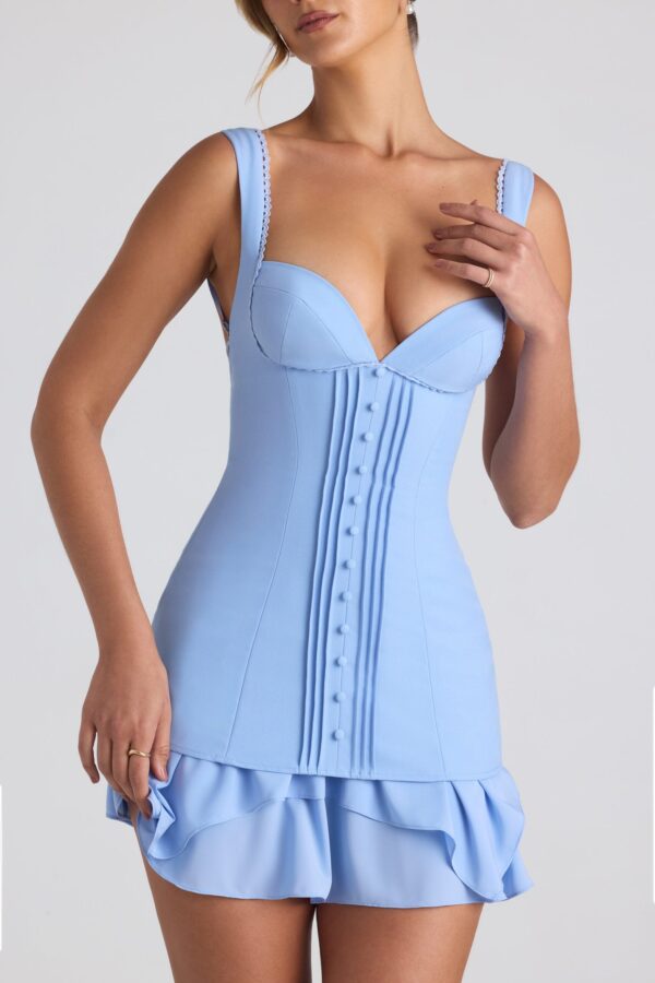 Ruffle-Trim Button-Detail Corset Mini Dress in Sky Blue - Image 4