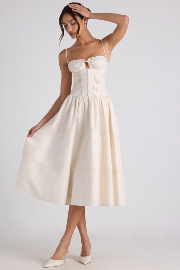 Lace-Trim Pintucked Poplin Midaxi Dress in Ivory - Image 6