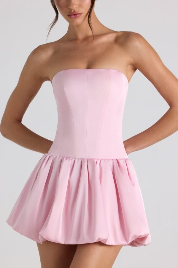 Lace-Up Bubble Hem Corset Mini Dress in Soft Pink - Image 4