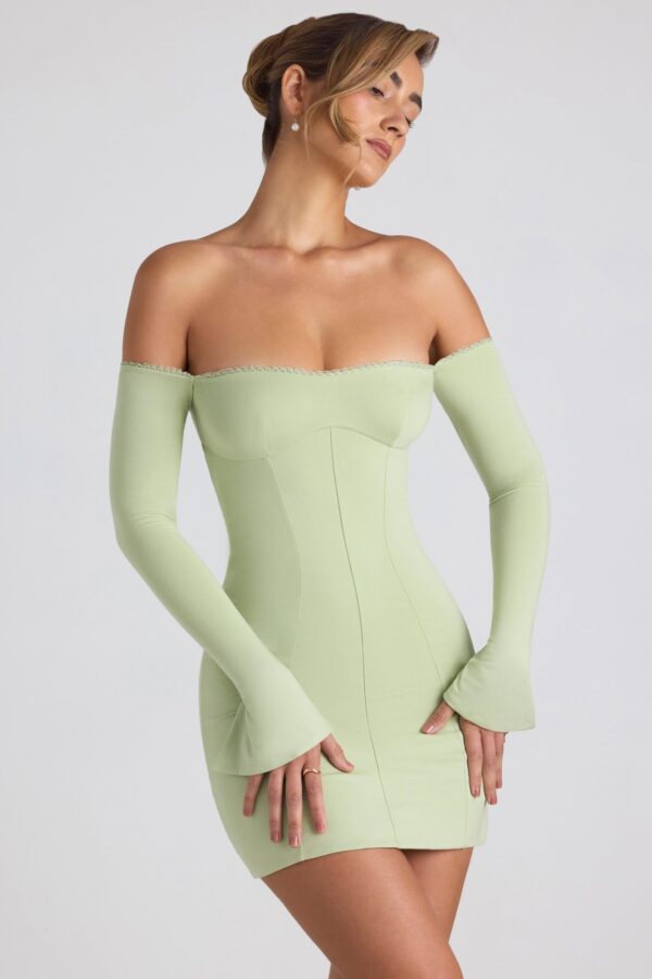 Modal Off-Shoulder Lace-Trim Mini Dress in Spring Green - Image 5