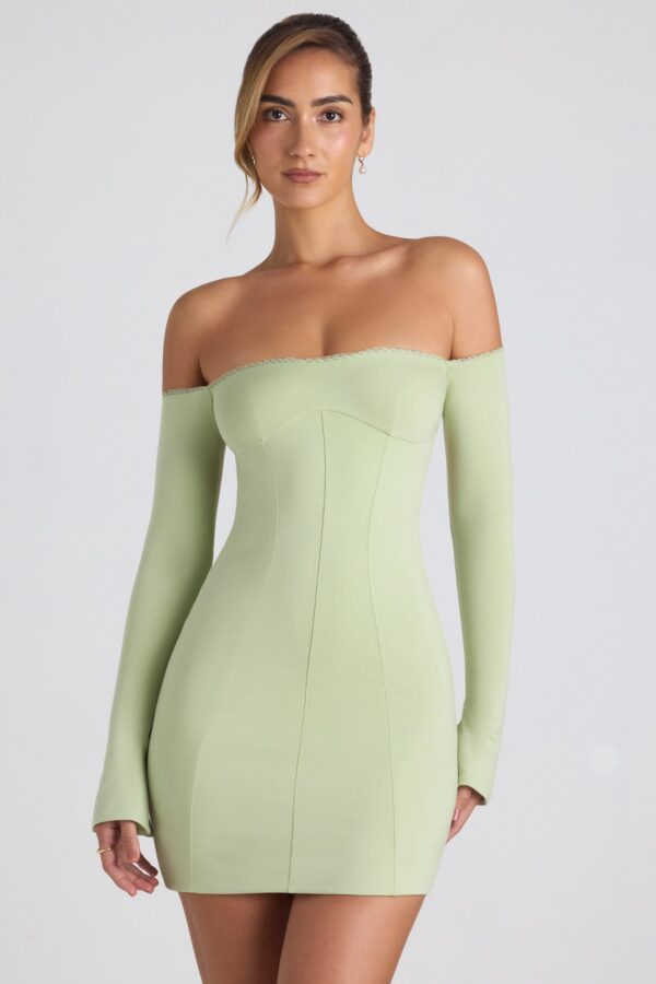 Modal Off-Shoulder Lace-Trim Mini Dress in Spring Green - Image 6