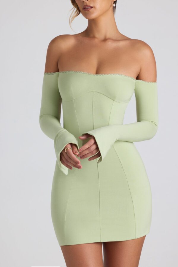 Modal Off-Shoulder Lace-Trim Mini Dress in Spring Green - Image 4