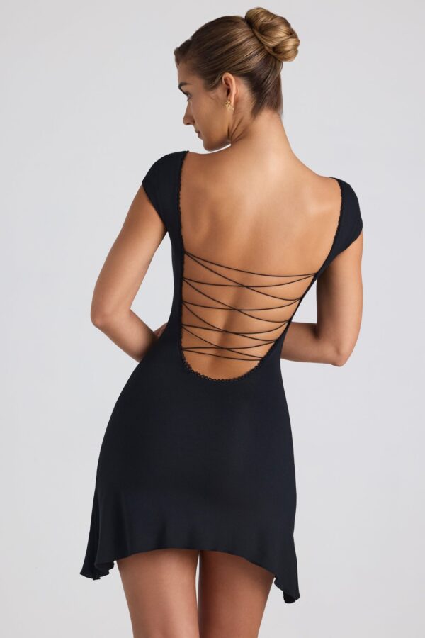 Modal Asymmetric Lace-Up A-Line Mini Dress in Black - Image 2