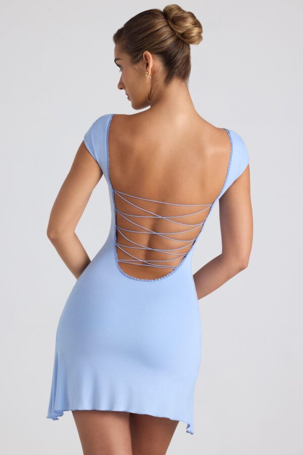 Modal Asymmetric Lace-Up A-Line Mini Dress in Sky Blue - Image 2
