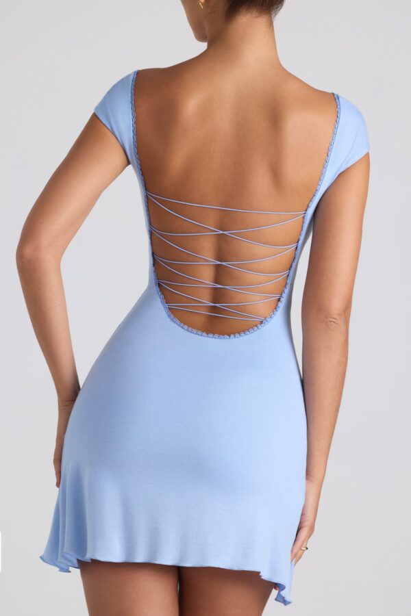 Modal Asymmetric Lace-Up A-Line Mini Dress in Sky Blue - Image 5