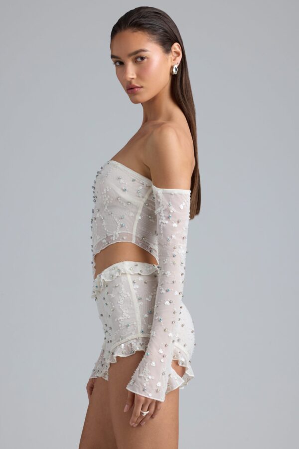 Ruffle Mid-Rise Hot Pant Shorts in Ivory - Image 3