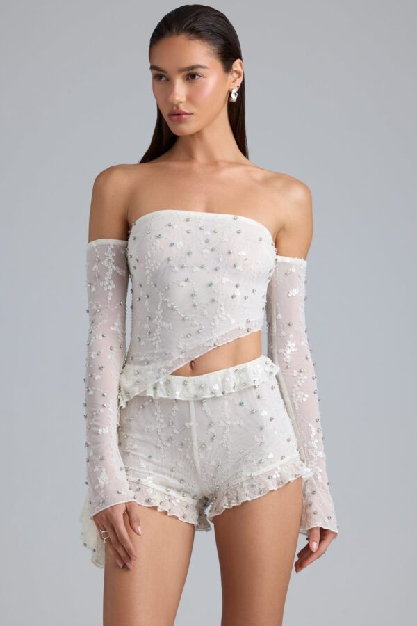 Ruffle Mid-Rise Hot Pant Shorts in Ivory - Image 5
