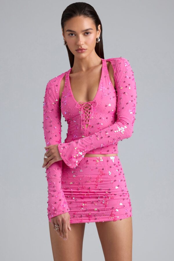 Ruched Mid-Rise Micro Mini Skirt in Bubblegum Pink - Image 6