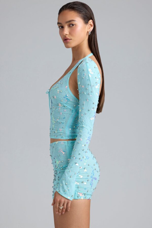 Ruched Mid-Rise Micro Mini Skirt in Ice Blue - Image 3