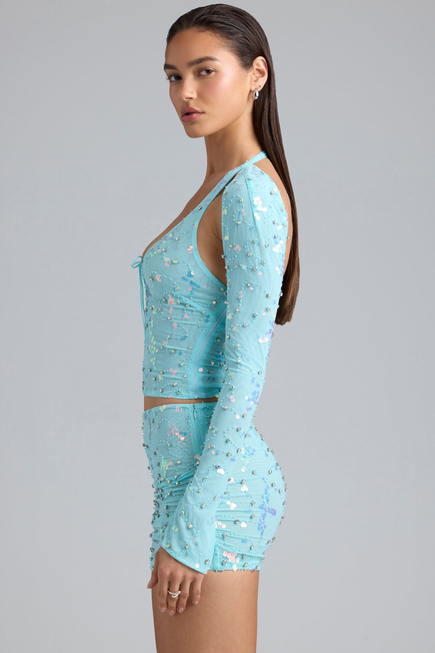 Ruched Mid-Rise Micro Mini Skirt in Ice Blue - Image 3