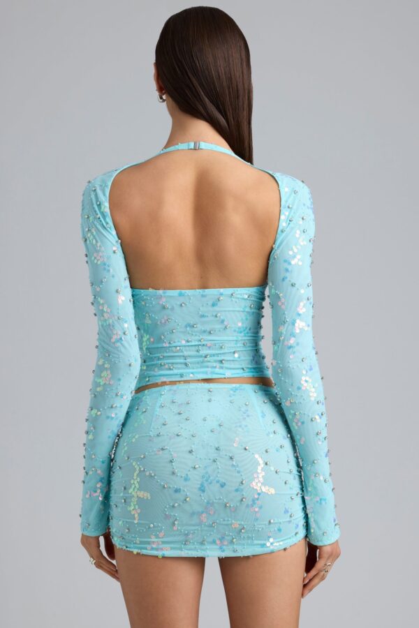 Ruched Mid-Rise Micro Mini Skirt in Ice Blue - Image 2