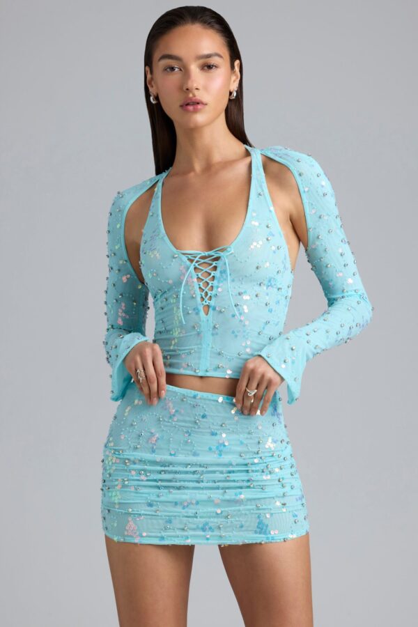 Ruched Mid-Rise Micro Mini Skirt in Ice Blue - Image 5