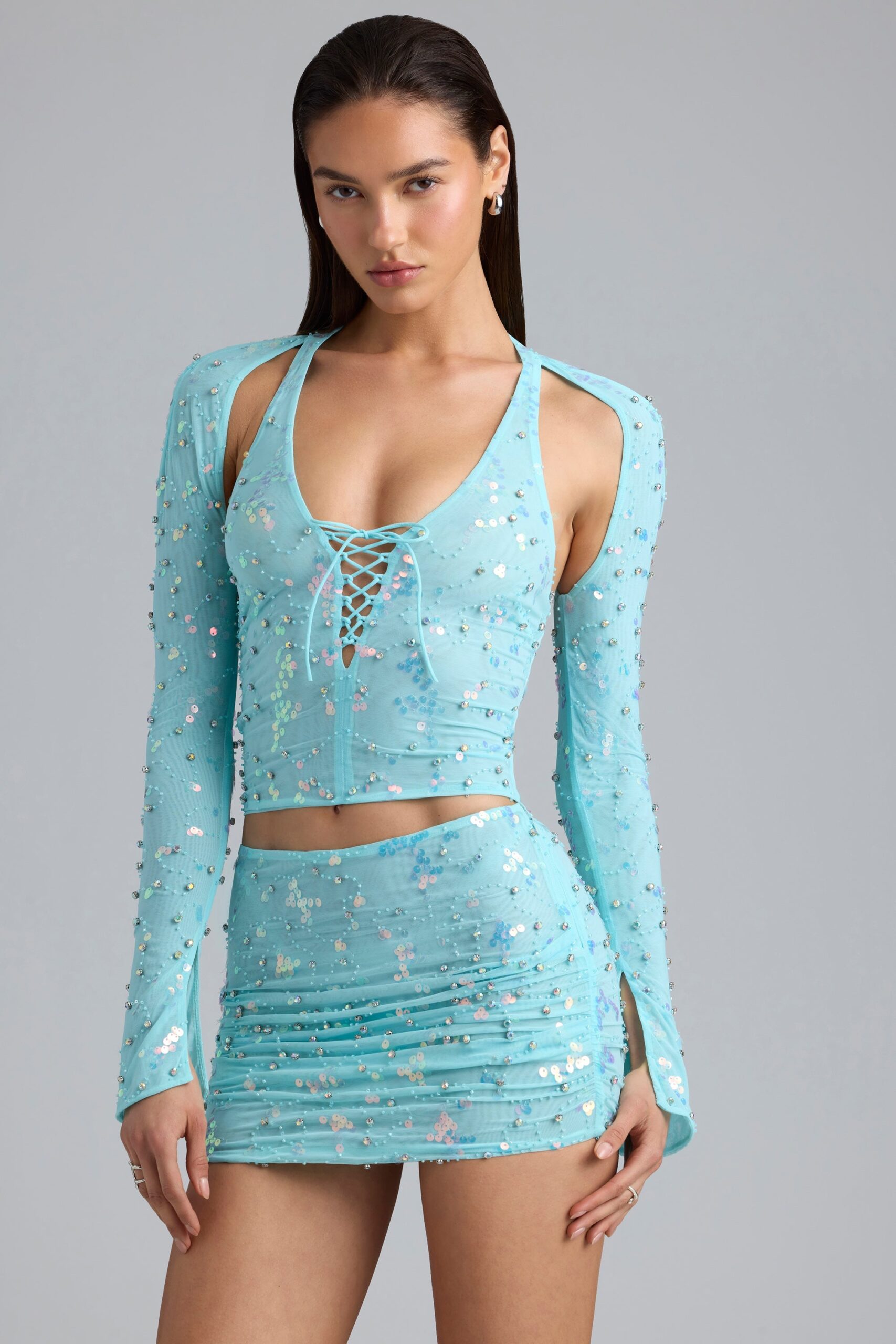 Ruched Mid-Rise Micro Mini Skirt in Ice Blue - Image 6