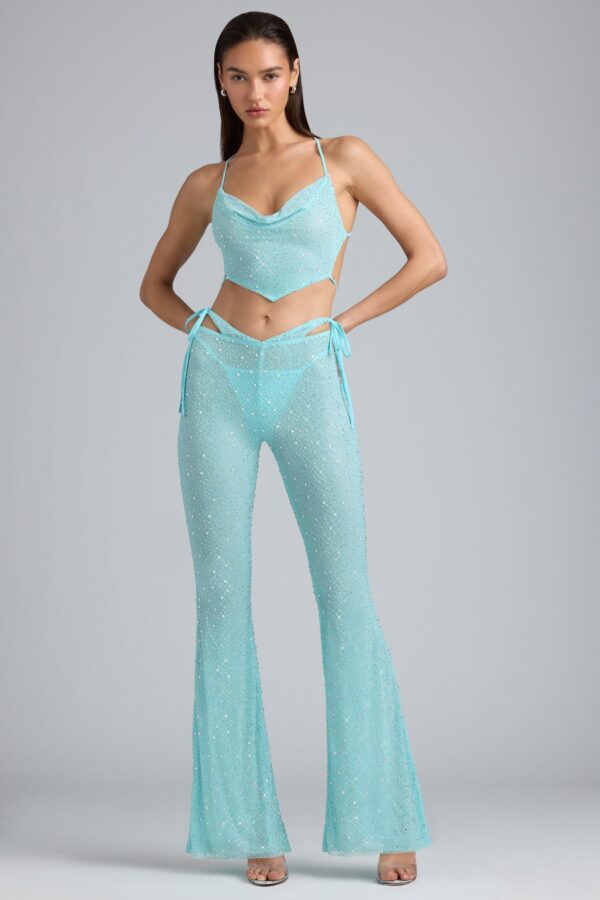 Petite Embellished Cut-Out Flared Trousers in Ice Blue - Image 5