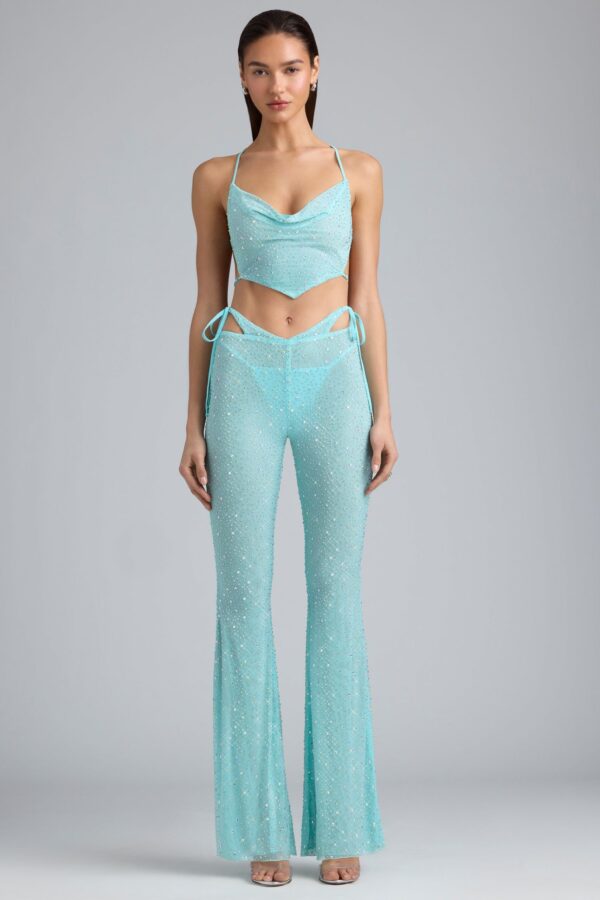 Petite Embellished Cut-Out Flared Trousers in Ice Blue - Image 6