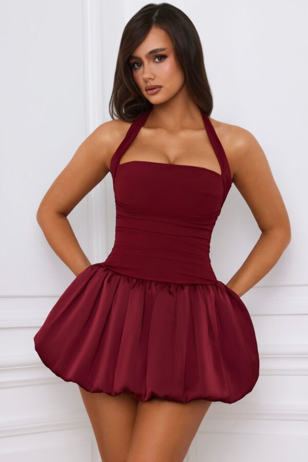 Halterneck Lace-Up Bubble Hem Corset Micro Mini Dress in Berry Red - Image 7