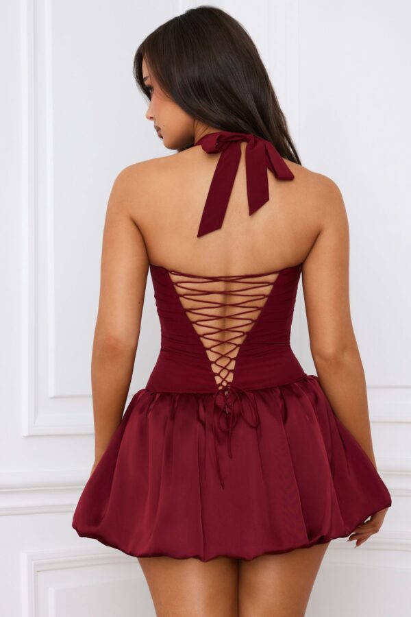 Halterneck Lace-Up Bubble Hem Corset Micro Mini Dress in Berry Red - Image 3