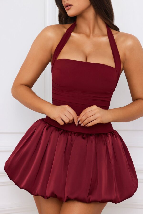 Halterneck Lace-Up Bubble Hem Corset Micro Mini Dress in Berry Red - Image 5