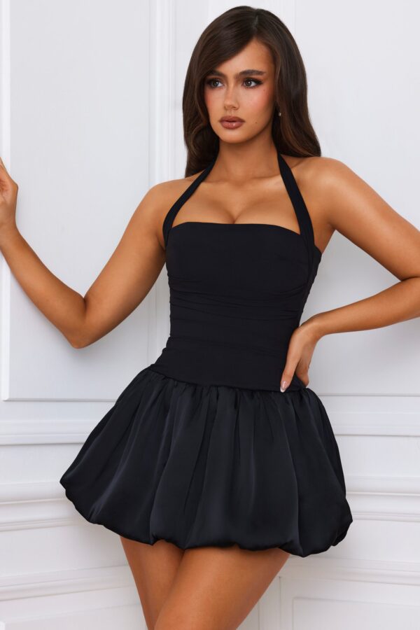 Halterneck Lace-Up Bubble Hem Corset Micro Mini Dress in Black - Image 6