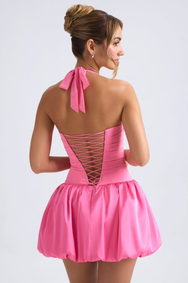 Halterneck Lace-Up Bubble Hem Corset Micro Mini Dress in Hot Pink - Image 2