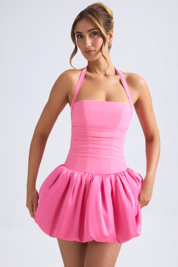 Halterneck Lace-Up Bubble Hem Corset Micro Mini Dress in Hot Pink - Image 7