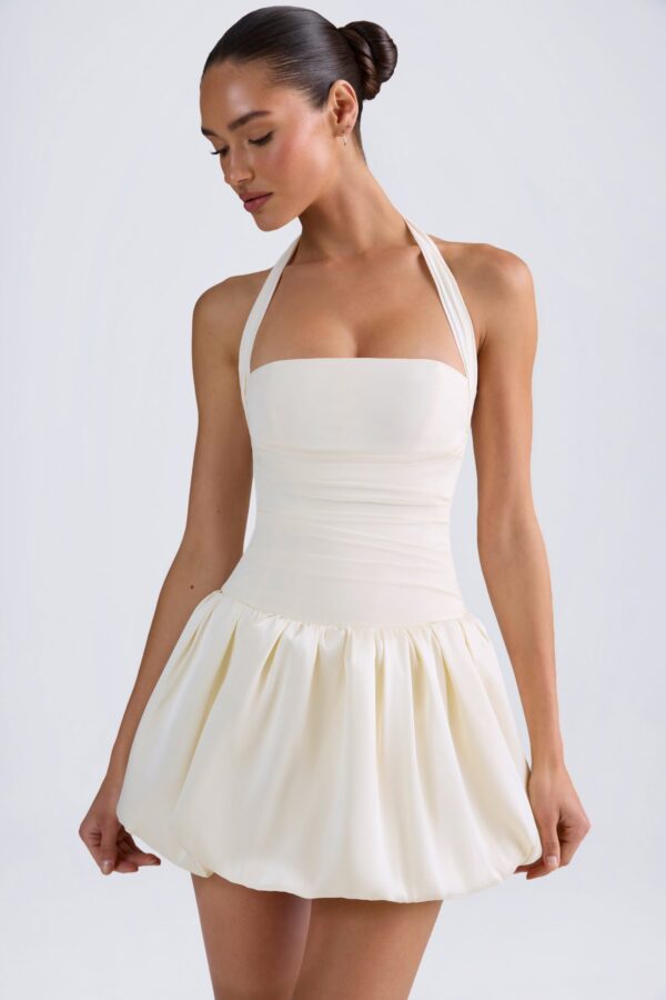 Halterneck Lace-Up Bubble Hem Corset Micro Mini Dress in Ivory - Image 5