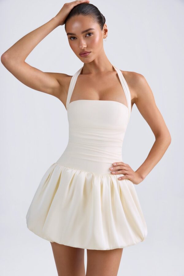 Halterneck Lace-Up Bubble Hem Corset Micro Mini Dress in Ivory - Image 6