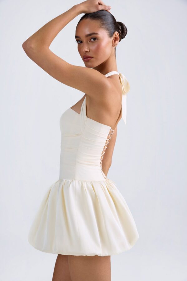Halterneck Lace-Up Bubble Hem Corset Micro Mini Dress in Ivory - Image 7