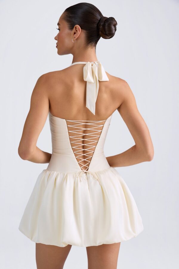 Halterneck Lace-Up Bubble Hem Corset Micro Mini Dress in Ivory - Image 2