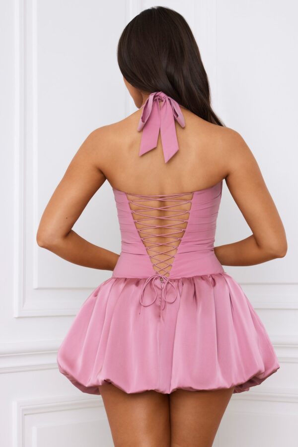 Halterneck Lace-Up Bubble Hem Corset Micro Mini Dress in Mauve - Image 2