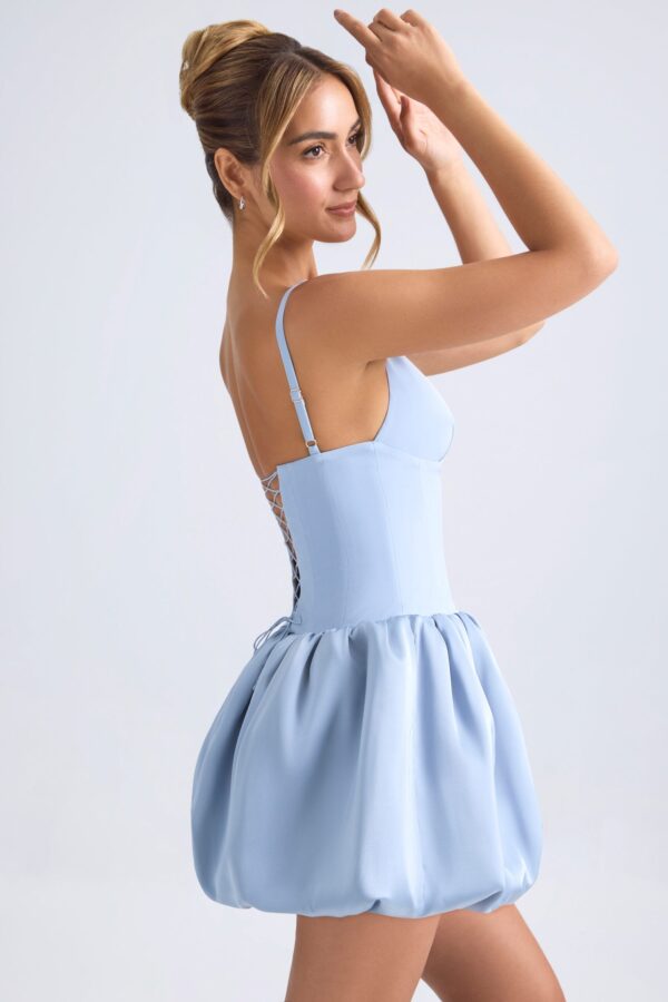 Lace-Up Bubble Hem Corset Micro Mini Dress in Light Blue - Image 3