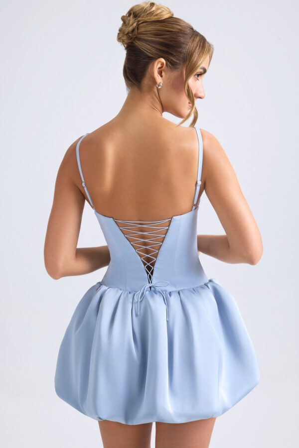 Lace-Up Bubble Hem Corset Micro Mini Dress in Light Blue - Image 2