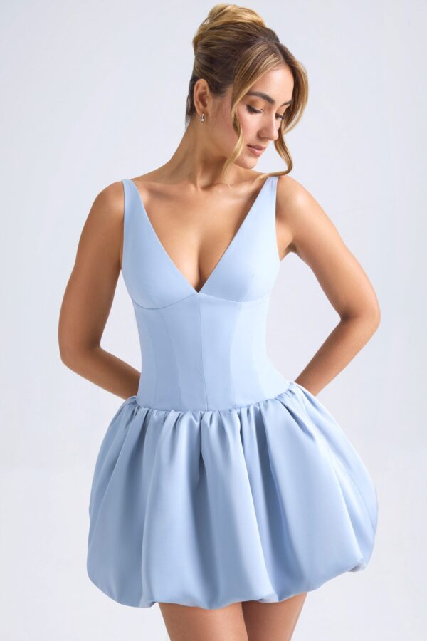 Lace-Up Bubble Hem Corset Micro Mini Dress in Light Blue - Image 6