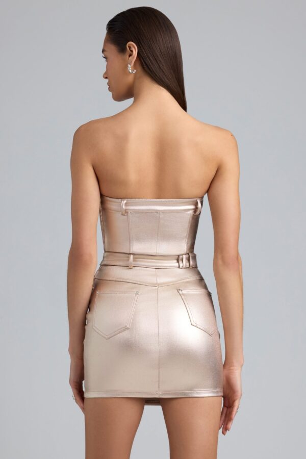 Metallic Denim Belted Strapless Mini Dress in Champagne - Image 2