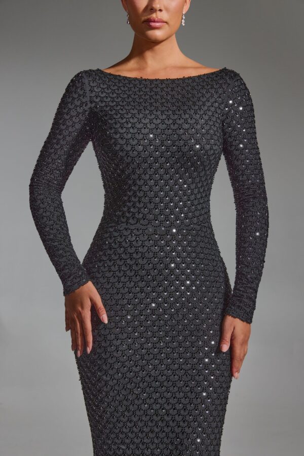 Embellished Open-Back Gown in Black - Image 3